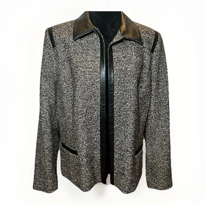 Blazer de couro preto aparado marrom tweed Dana Buchman jaqueta de lã outono tamanho 16 - Imagem 1 de 4