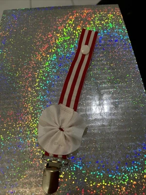 baby dummy clips Red And White Stripe With Pretty White Flower - image 1 of 3