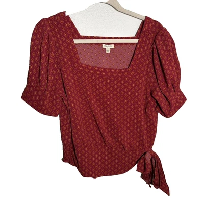 Lily White Blouse Women's Small Square Neck Short Sleeve Tie Printed Boho Causal - Image 1 of 4