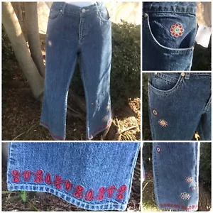Flared Jeans Pants Embroidered Flowers/ Border Hippie Boho Junior Size 14 NWT - Picture 1 of 12