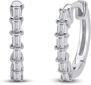 1/4ct Taper Cut White Natural Diamond Huggie Hoop Earring In 10k Solid Gold - Picture 1 of 7