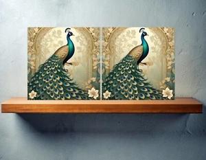 Azulejos de cerámica de pavo real Art Nouveau - Juego de 2 azulejos de decoración de pared Art Nouveau - Imagen 1 de 3