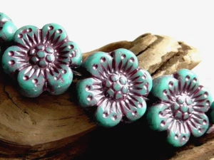 6 - 14mm CZECH OPAQUE TURQUOISE BLUE, MAGENTA PEARL WASH WILD ROSE FLOWER BEADS - Picture 1 of 2