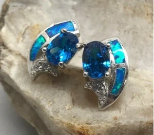 Sterling Silver 925 & Deep Blue CZs & Opal Accented Stud Pierced Earrings - Picture 1 of 6