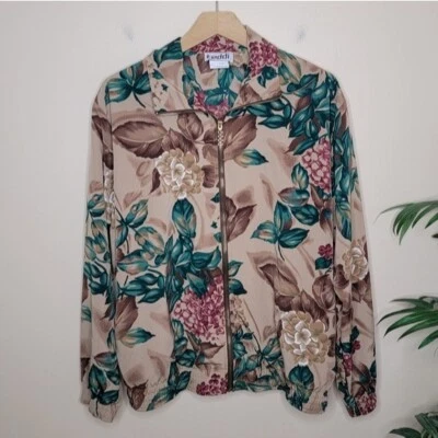 Vintage Teddi | Tan Green Mauve Floral Print Zipper Front Jacket Medium - Image 1 of 4