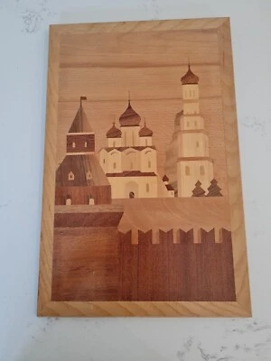 Vintage Marquetry Picture Wooden Treen Retro Inlaid Spires Gift  - Image 1 of 2