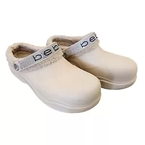 Bebe Women’s Beige Tan Clogs with Rhinestone Bling Straps Sz 9 Faux Fur Lining - Picture 1 of 11