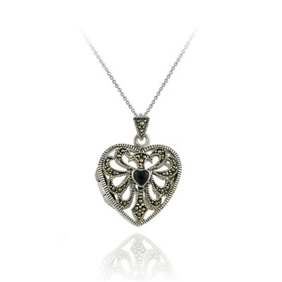 Colgante Medallón Corazón Filigrana Marcasita y Ónix Plata 925, 18" Foto 1 de 3