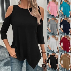 Plus Size Women 3/4 Sleeve Blouse Tunic Long Cold Shoulder Tops Casual T Shirts - Picture 1 of 40
