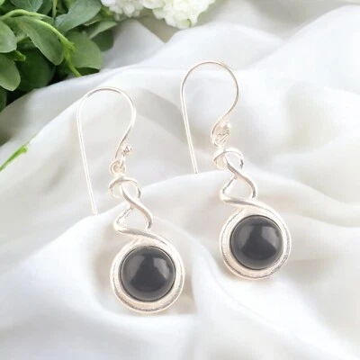 Pendientes de aro de plata estampada 925 de turmalina negra vintage, pendientes de boda Foto 1 de 4