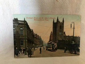 Vintage Postcard GRAINGER Street and ST JOHNS CHURCH NEWCASTLE on TYNE TRAMS - Picture 1 of 2