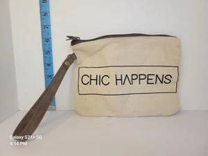 Makeup Bag Canvas w/ Chic Happens Large NWOT Tan and Brown - Picture 1 of 4