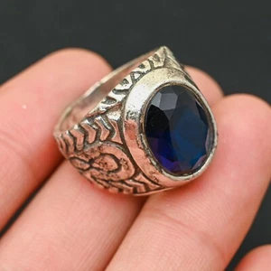 Blue Sapphire Men's Ring 925 Sterling Silver Handmade-Statement All Size-BJ132 - Picture 1 of 6