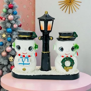 Vintage Blume Japan Weihnachten Schneemann Paar Leuchtmast 50er Jahre MCM Figur - Bild 1 von 10