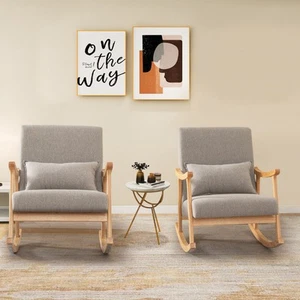2PCS Rocking Chairs w/ Pillow Rocking Armchairs w/ Rubber Wood Frame Grey - Picture 1 of 9