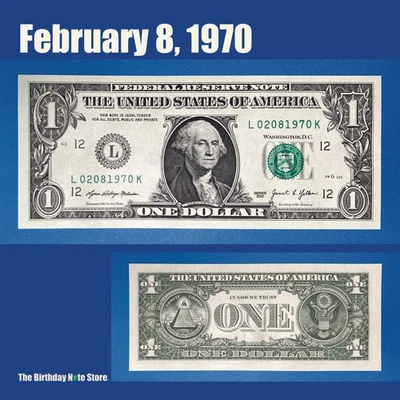 February 8, 1970 Birthday Anniversary $1 One Dollar Bill Serial Number 02081970 - Image 1 of 2
