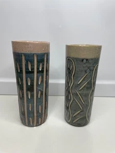 2 VASES OR TUMBLERS Mid-Century Folk Art Puerto Rican Pottery Hal Lasky-Santurce - Picture 1 of 12