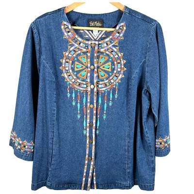 Chaqueta de mezclilla artística portátil Bob Mackie grande azul jean bordado atrapasueños Foto 1 de 4
