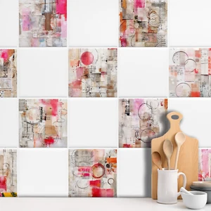 Tile Stickers Bathroom & Kitchen Abstract Pattern Vintage Red Beige Adhesive Tiles - Picture 1 of 11