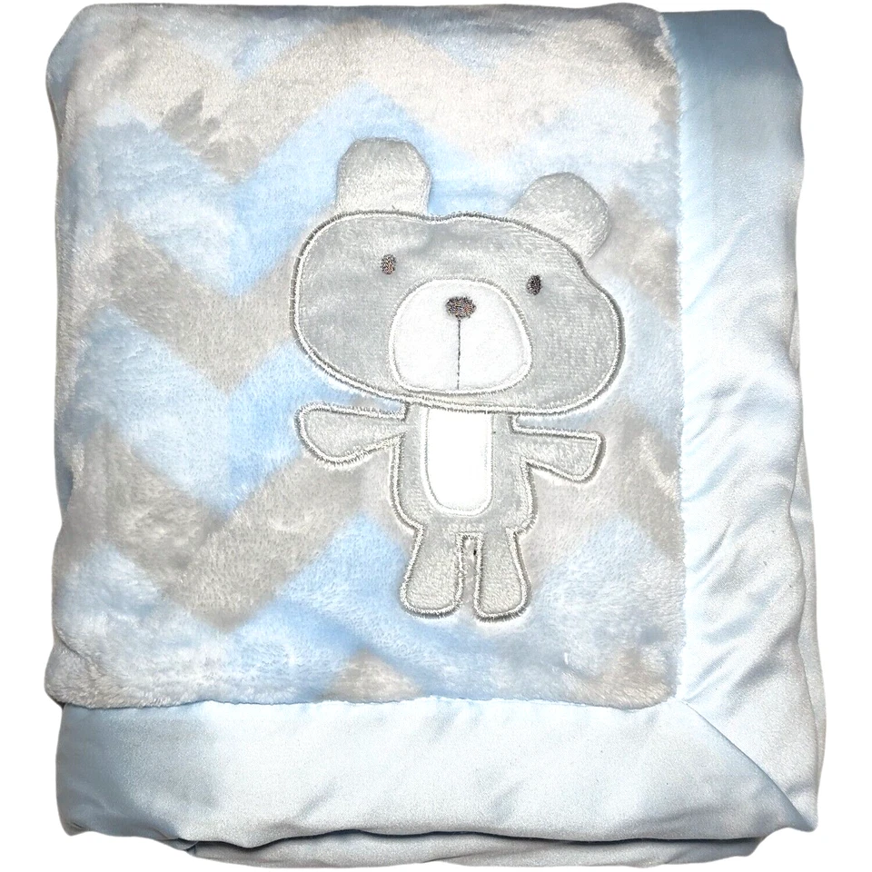 Baby Essentials Blue Gray Bear Chevron Zig Zag Blanket Soft Plush 3D Ears - Image 1 of 3