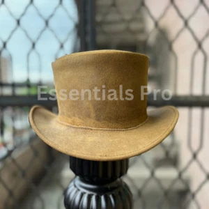 Classic Handmade Brown Leather Top Hat Wide Brim Steampunk Western Fashion Hat - Picture 1 of 5