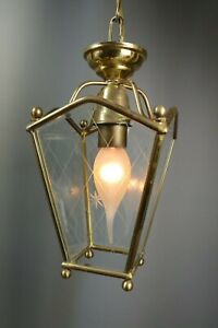 French Vintage Brass Lantern Hand Cut Etched Beveled Glass Hallway Porch Light