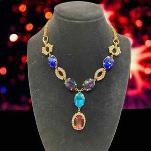 Colorful Large Rhinestones Gold-Tone Double Chain Statement Necklace Vintage! - Picture 1 of 6
