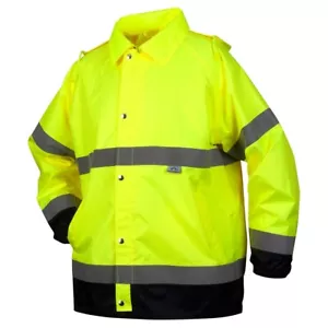 KLASSE 3 HOCH SICHTBARE REFLEKTIERENDE WASSERDICHTE HI VIS KAPUZE REGENJACKE MANTEL - Bild 1 von 3