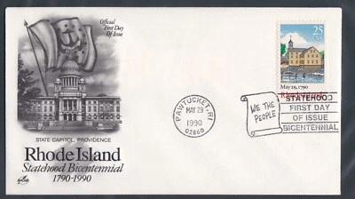 USA 1990 2 FIRST DAY COVERS 200th ANNIV OF RHODE ISLAND STATEHOOD + CACHETS - Image 1 of 2