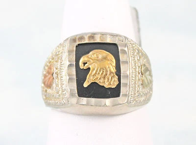 Mens Black Hills Gold & Sterling Silver w/ 10K Gold Eagle & 2 Leaves Ring # 11 - Image 1 of 3