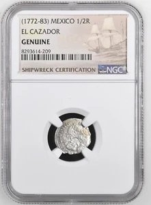 1772-1783 Mexiko 1/2 Real El Cazador Silber Schiffbruch Münze NGC bewertet #209 - Bild 1 von 3