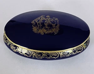 Vintage Limoges Castel Frankreich Kobaltblau Oval Schmuckschatulle, 5" Breit - Bild 1 von 9