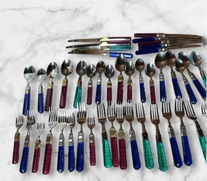 44 PIECES PIER 1 AND MIKASA STAINLESS AND COLORFUL ACRYLIC FLATWARE  - Picture 1 of 5