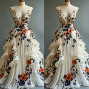 Wedding Dresses 3D Flowers Black Appliques Bridal Gowns Vintage Ball Dresses - Picture 1 of 9