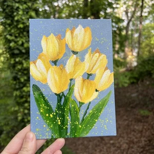 Yellow Tulips abstract Flowers,ranunculus,original Acrylic Painting,5/7 - Picture 1 of 8
