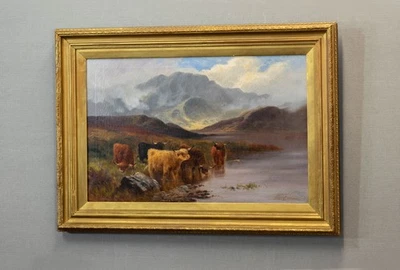 Pintura a óleo antiga de cena de gado das terras altas grande de Gustave de Breanski (1856-1898) - Imagem 1 de 4