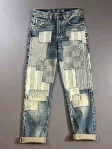 Herren 90er Vintage Baumwolle Karo Karo Gestreift Patchwork Denim Used Style Jeans - Bild 1 von 26