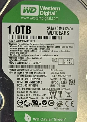 Western Digital 1TB 3.5" SATA Desktop Hard Drive WD10EARS - Free shipping - Image 1 of 4