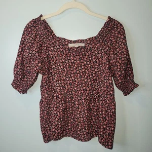 LOFT Floral Smocked Peplum puffer Sleeve Blouse S petite Flowy - Picture 1 of 6