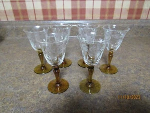 SET OF 6 ELEGANT DEPRESSION GLASS AMBER STEM CORDIAL GLASSES ETCHED FLORAL - Picture 1 of 7