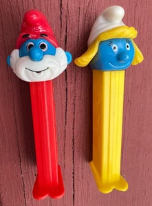 PEZ Retired SMURFETTE 4.9 Yellow Stem + Papa Smurf 4.9 Red Stem - Picture 1 of 4