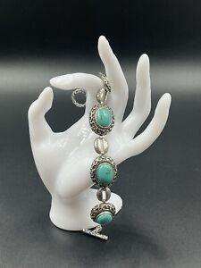 BJ 925 Sterling Turquoise Bali Style Bracelet Chunky 39.87g Toggle Clasp