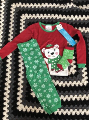 Juego de pijama de vacaciones 4T rojo verde calcetines a juego 100 % algodón Tiny Tillia de Avon Foto 1 de 3