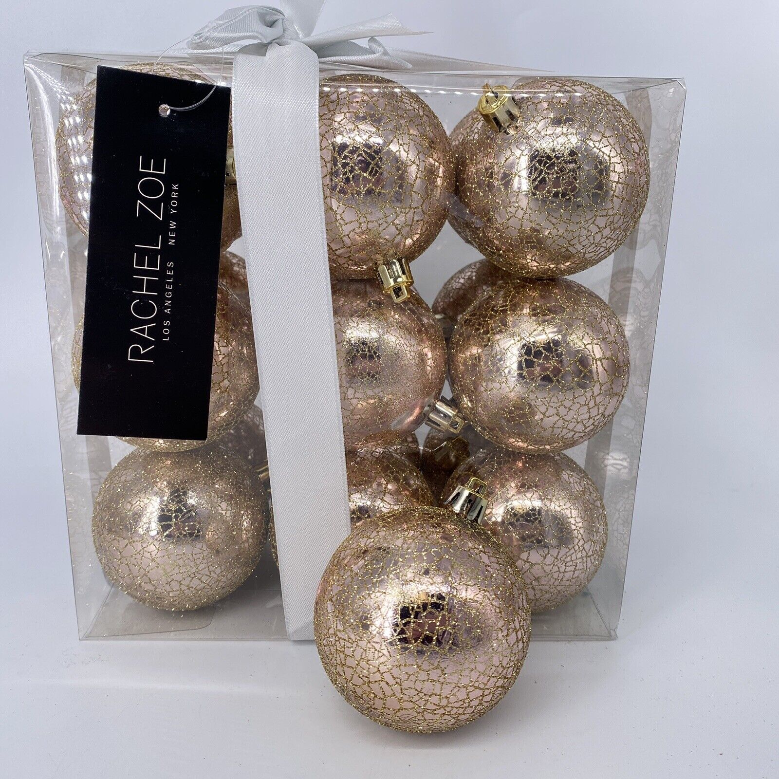 Rachel Zoe Christmas Ornaments Shatterproof Kugel Crackle Rose Gold 2.5