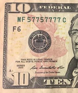 Binary Six of A Kind Lucky 7s ✈ 57757777 ✈Ten Dollar Bill ☆ Fancy Serial Number - Picture 1 of 3