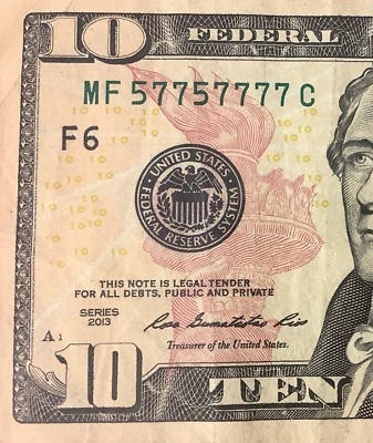 Binary Six of A Kind Lucky 7s ✈ 57757777 ✈Ten Dollar Bill ☆ Fancy Serial Number - Image 1 of 3