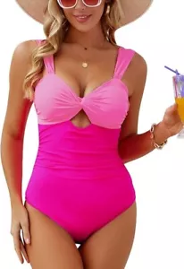 Badeanzug Einteiler, Bauchkontrolle, Badeanzug mit hoher Taille, rosa & pink, Small - Bild 1 von 5