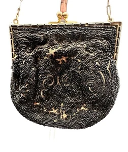 Antique Victorian Micro Glass Beaded Black & Gold Tone Purse BAG Flower Motif - Picture 1 of 9