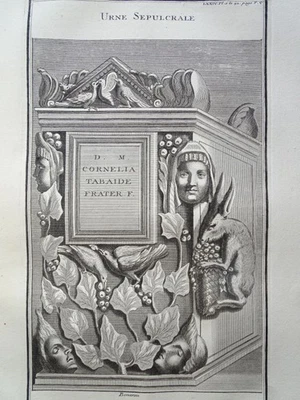 Urne röm. Grabstein Nekropole Weinreben Ornamente Montfaucon Kupferstich 1722 - Bild 1 von 2