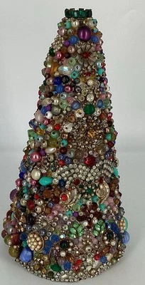 Jewelry Encrusted Christmas Tree Art OOAK Vintage To Contemporary 13" 3D - Image 1 of 4